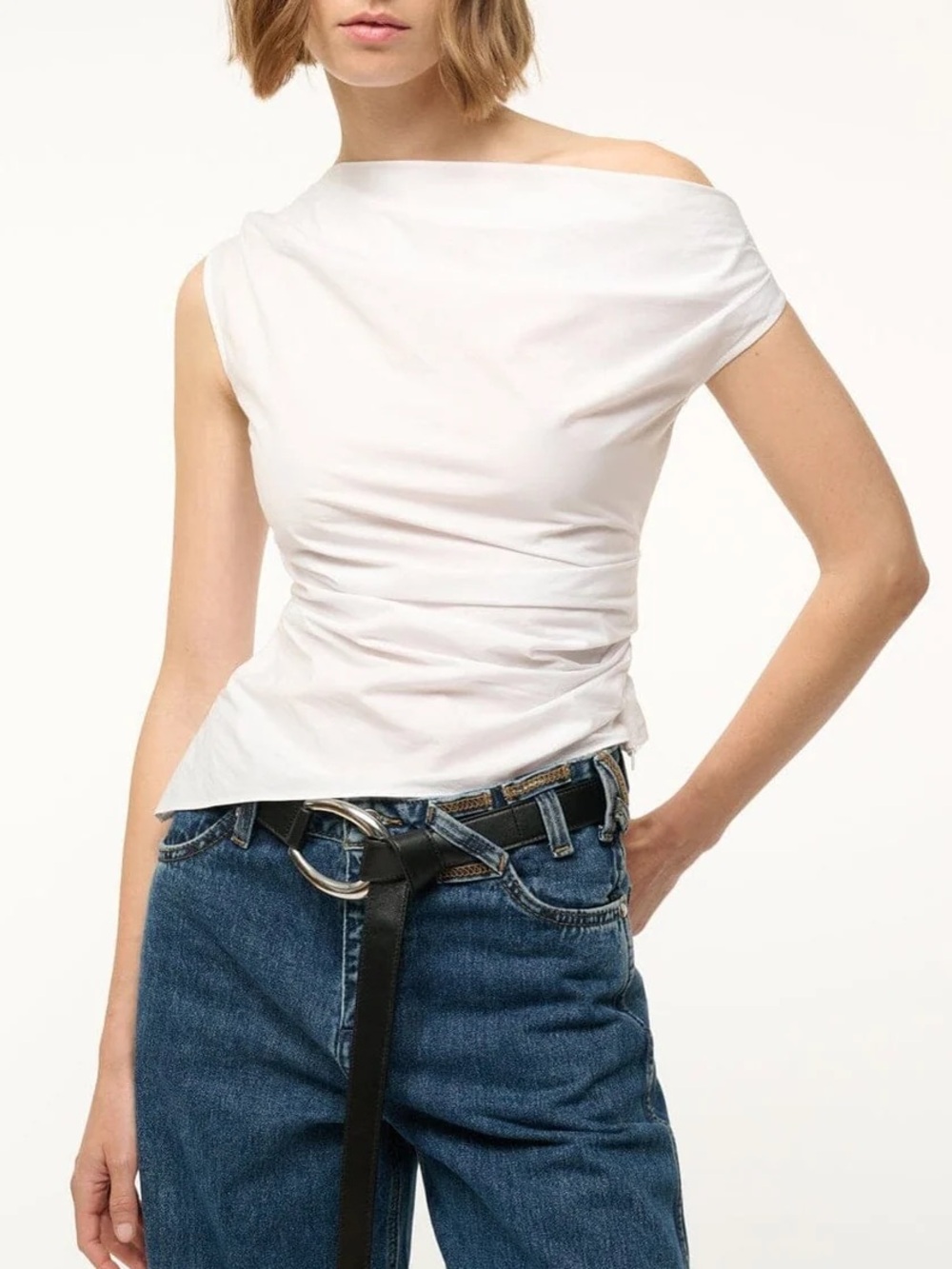 STAUD Phare White Off Shoulder Ruched Draped Cotton Poplin Top Size 4 Designer